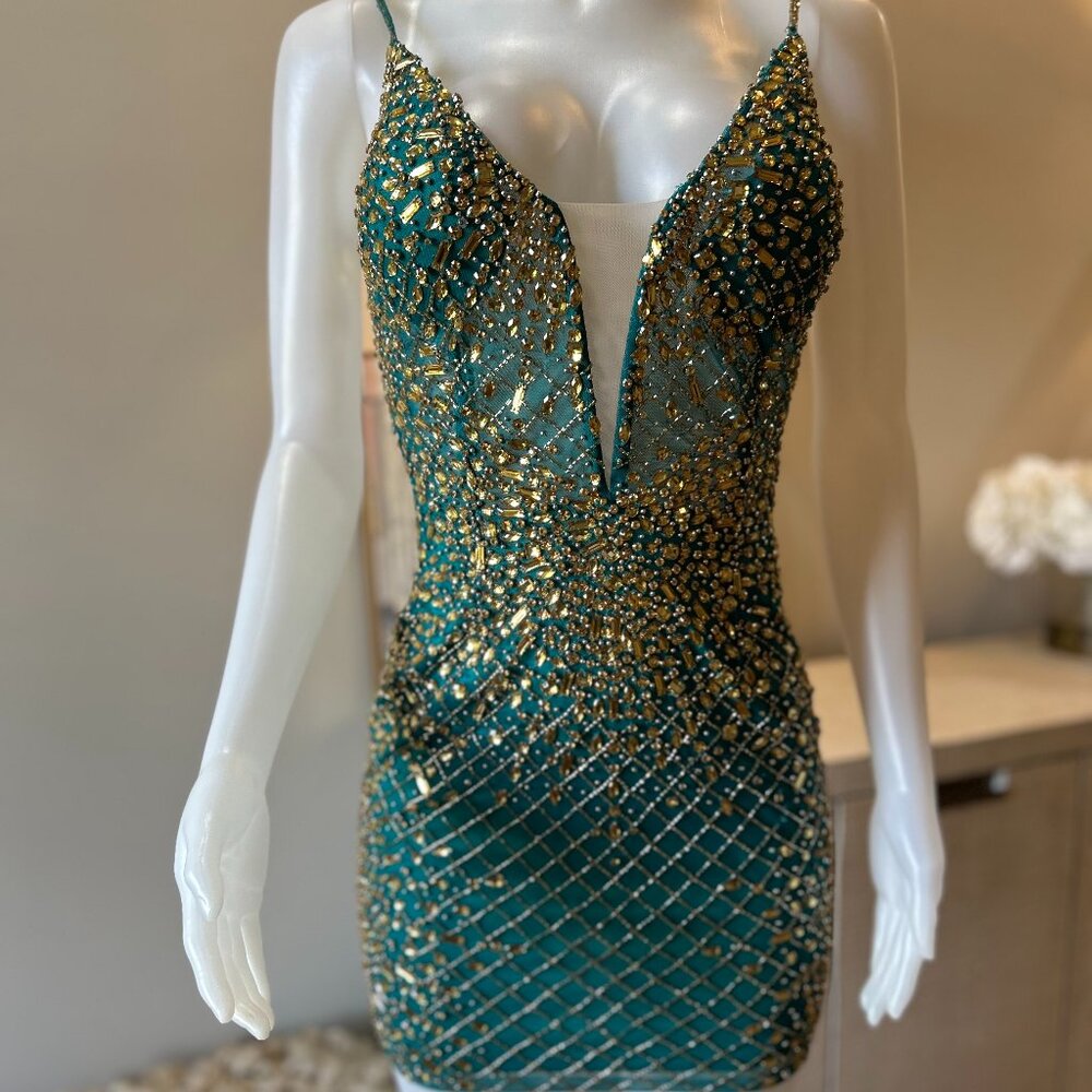 Rachel Allan Fitted Beaded Mini Cocktail Dress